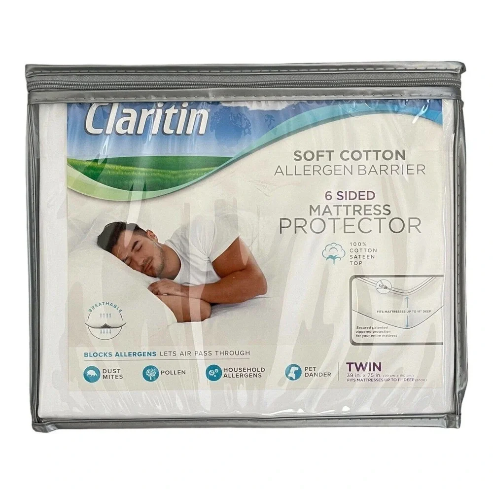 Claritin Mattress Protector Ultimate 6 Sided Twin White Cotton Allergen Barrier